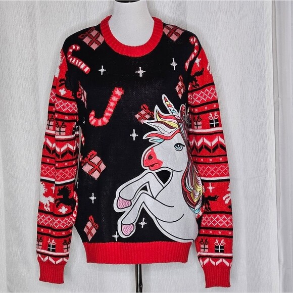 You Look Ugly Today Black Embroidered Unicorn Crew Neck Knit Christmas Sweater - Picture 2 of 14